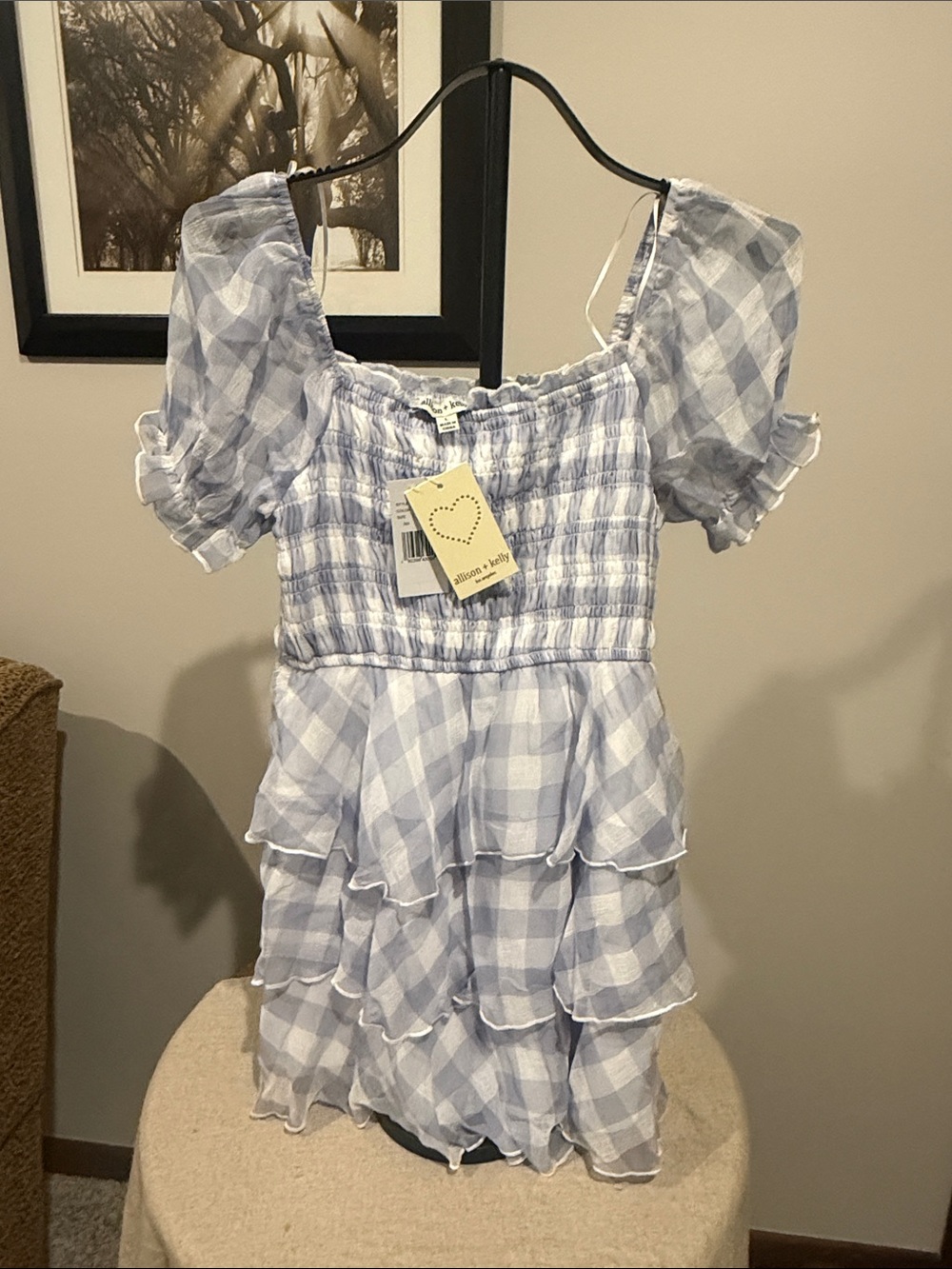 Juniors Allison & Kelly Light Blue Gingham Tiered Puff-Sleeve Dress